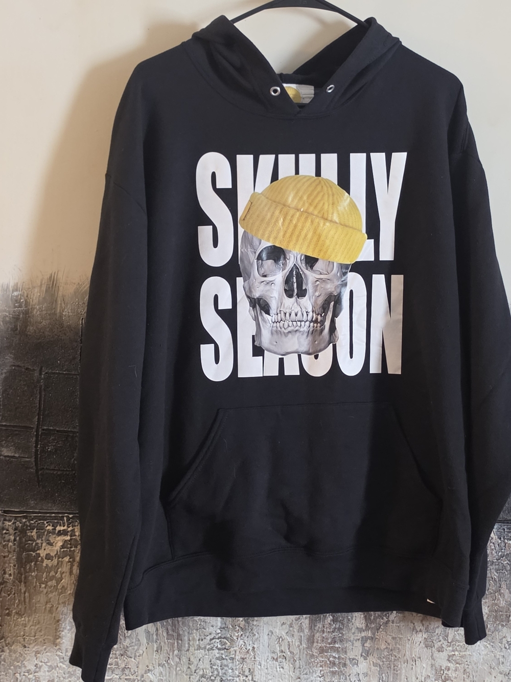 Black 'Skully Season' Skull Graphic Hoodie with Yellow Beanie Accent